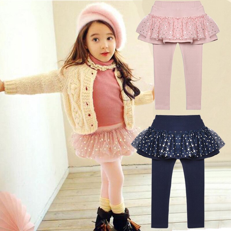 Mallas largas con falda para niña, pantalones pitillo con estampado de lunares, de princesa, para primavera y otoño