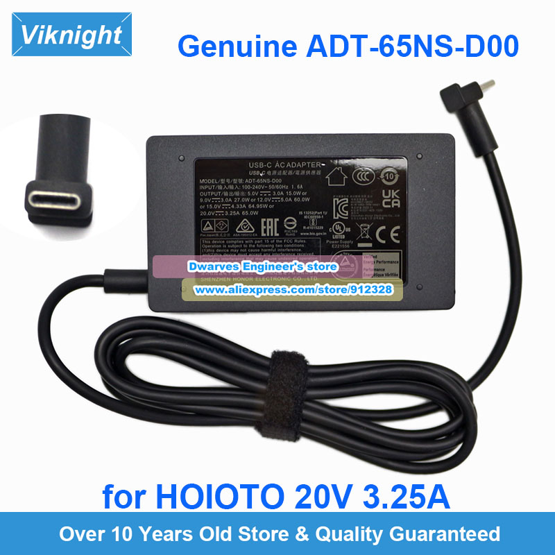 Genuine ADT-65NS-D00 AC Adapter 20V 3.25A Laptop Charger for Hoioto 65W Type C Power Supply