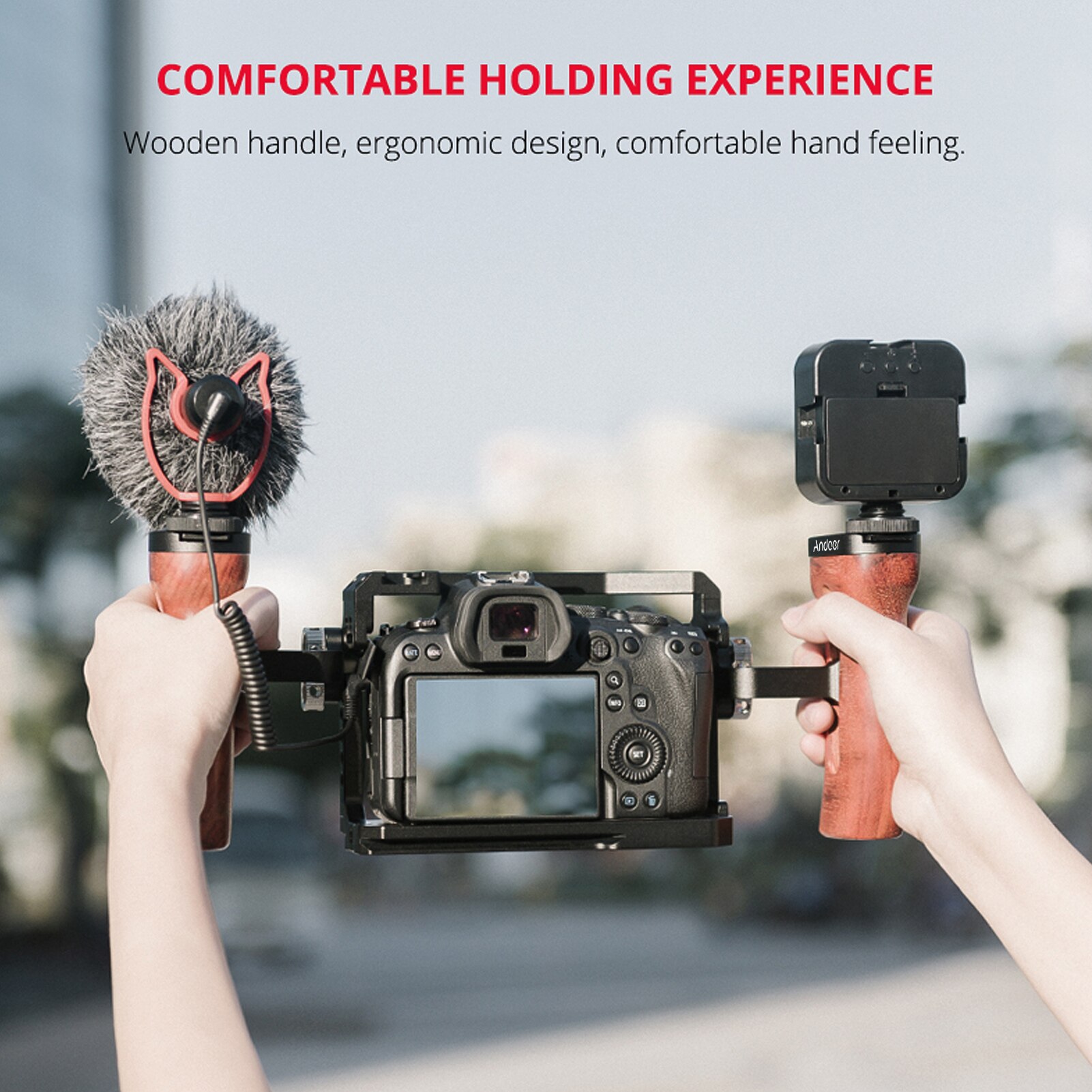 Andoer Universele Camera Kooi Houten Handvat Links/Rechts Hand Grip Met Koud Shoe Mount 1/4 Inch &amp; 3/8 inch Schroefgaten