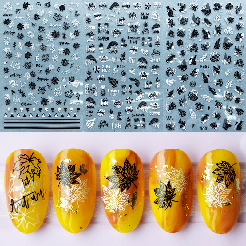 4 stk sommer nail art klistermærker blade bogstav geometrisk 3d selvklæbende skyder negle dekoration guld sort hvid manicure folie sæt