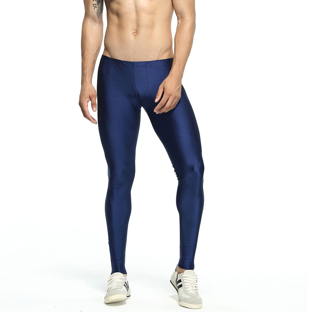 Bløde herre leggings bukser nylon herre tøj solid stram mand lange johns stretch elastiske lavtaljede bukser langt undertøj: Mørkeblå / S
