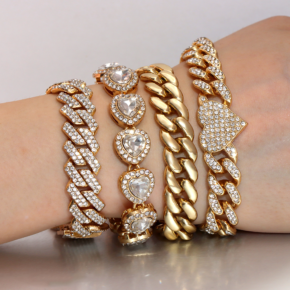 Cadena de tenis con corazón de cristal helado, pulsera de cadena de eslabones cubanos de Miami para mujeres y hombres, pulseras de cadenas gruesas de hip hop, joyería