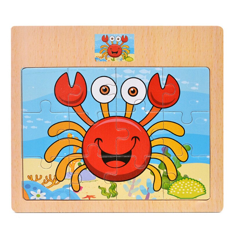 12 stuks Cartoon Puzzel Houten Speelgoed Dier/Voertuig/Motorfiets Hebben Referentie Foto Kids Educatief Kids speelgoed: crab