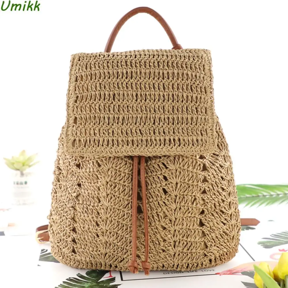 Women Straw Backpack Handmade Woven Casual Beach Shoulders Bucket Bag