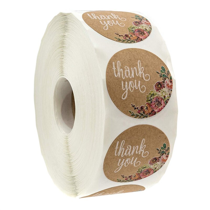 Kraft Floral Thank You Stickers - 1 inch Circle Labels / 500 Per Pack: Default Title