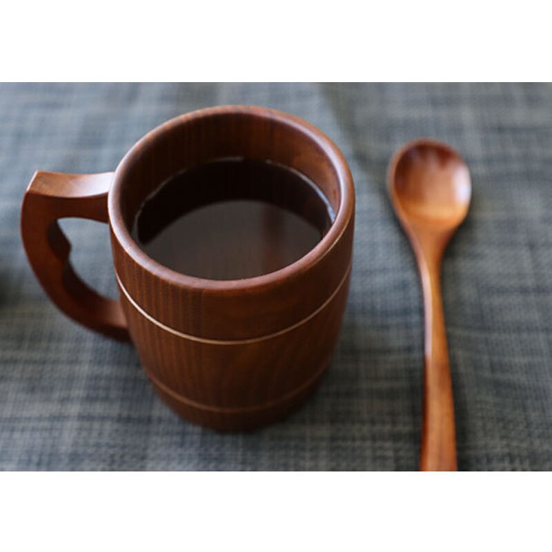 Ręczny kufel robić piwa drewna okrągłe usta 500-600ml kubek wody robić piwa filiżanka na mleko i kawę z łyżeczką