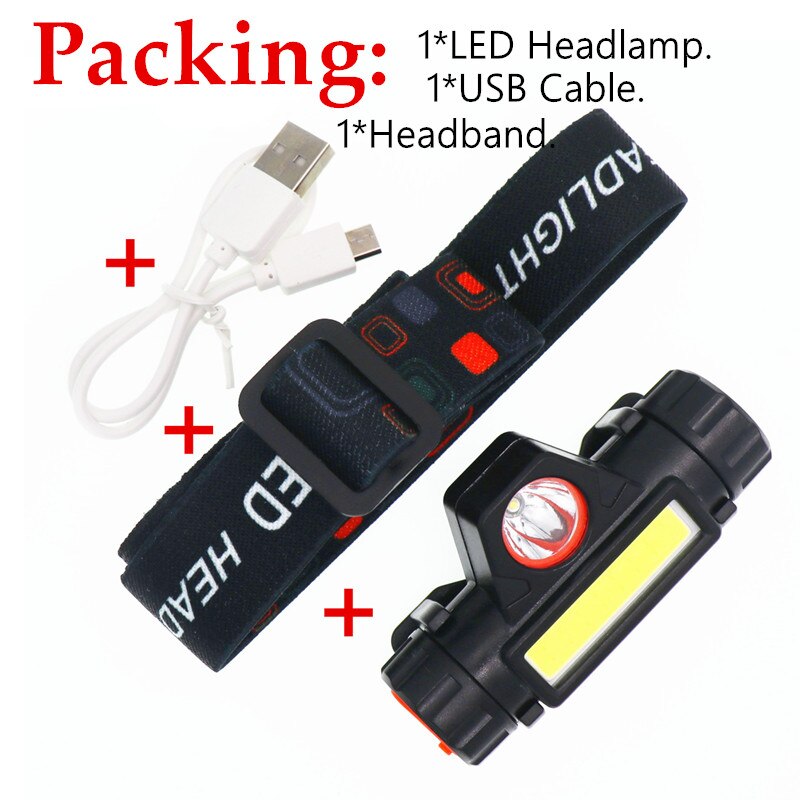 Mini COB LED Headlight Headlamp Flashlight USB Rechargeable Built-in 18650 Torch Camping Hiking Night Fishing Light Head Lamp: Default Title