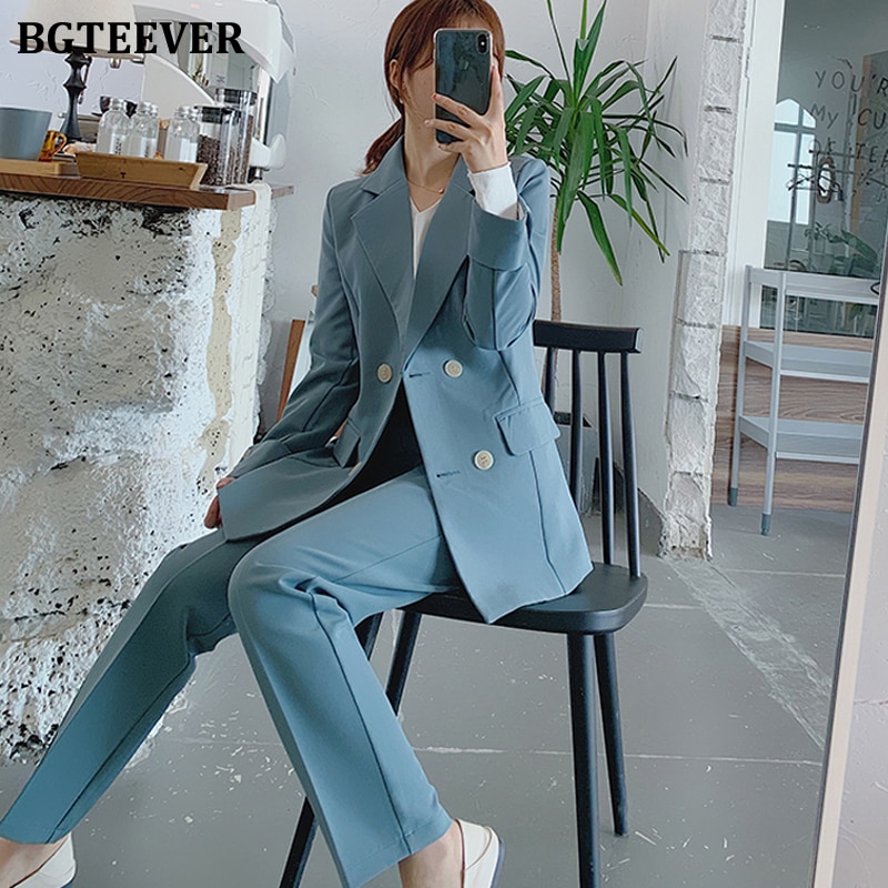 BGTEEVER Chic bleu femmes pantalon costume double boutonnage veste & crayon pantalon femmes