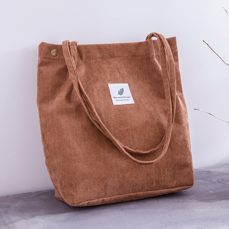 Women Corduroy Shopping Bag Female Canvas Cloth Shoulder Bag Environmental Storage Handbag Reusable Foldable Eco Grocery Totes: Brown