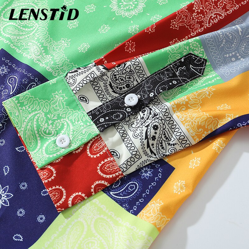 LENSTID Mens Hip Hop Hawaiian Beach Shirt Bandana Color Block Print Harajuku Streetwear Autumn Long Sleeve Oversize Shirts