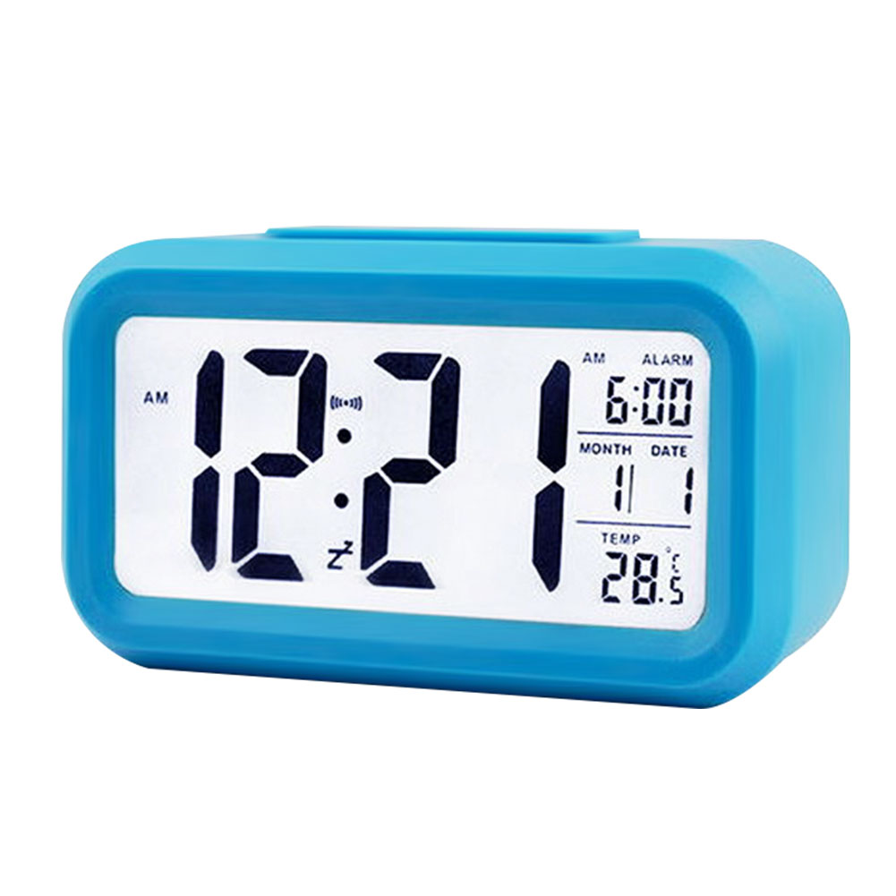 Smart Temperature Alarm Clock LED Digital Electronic Backlight Calendar Desktop Table Watch Battery Power Clocks: Blue