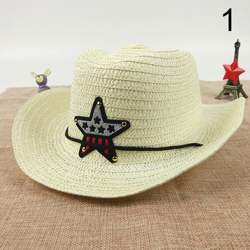 Outdoor Children's Cowboy Hat Summer Straw Hat Boys And Girls Five-pointed Star Patch Sun Hat Cute Children's Beach Visor Hat: 1