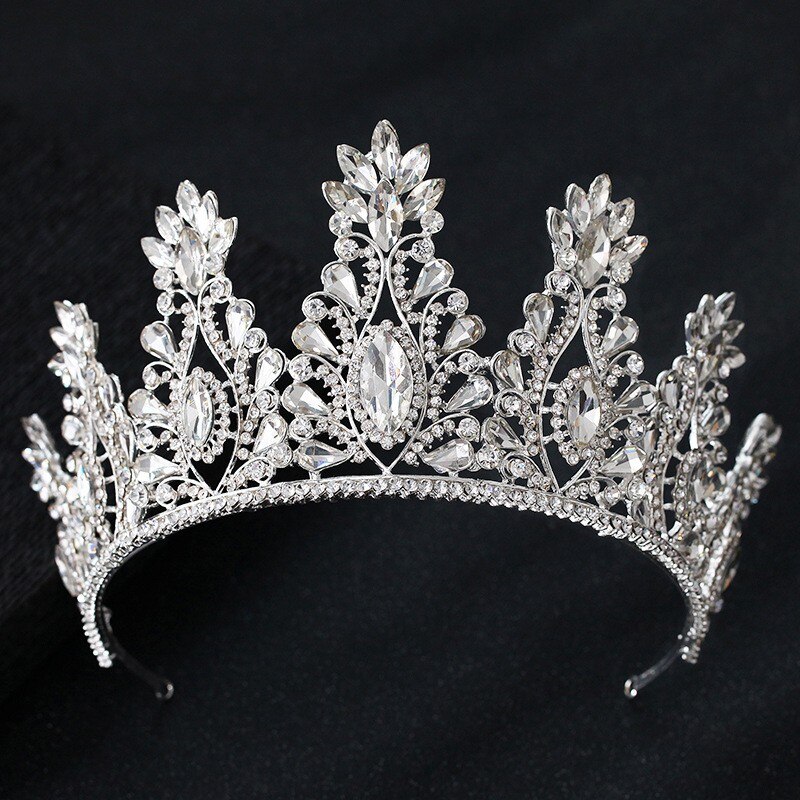 Barok luksus krystal stor brude tiaras krone rhinestone festtøj diadem pandebånd bryllup hår tilbehør tiara de noiva: Sølvhvid