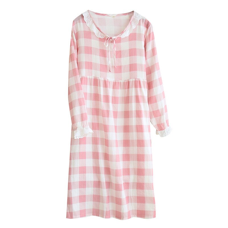 Women's Double Layer Gauze Nightdress Spring Long Sleeve Simple Plaid Nightgown Plus Size Sleepwear Cotton Sleeping Dress