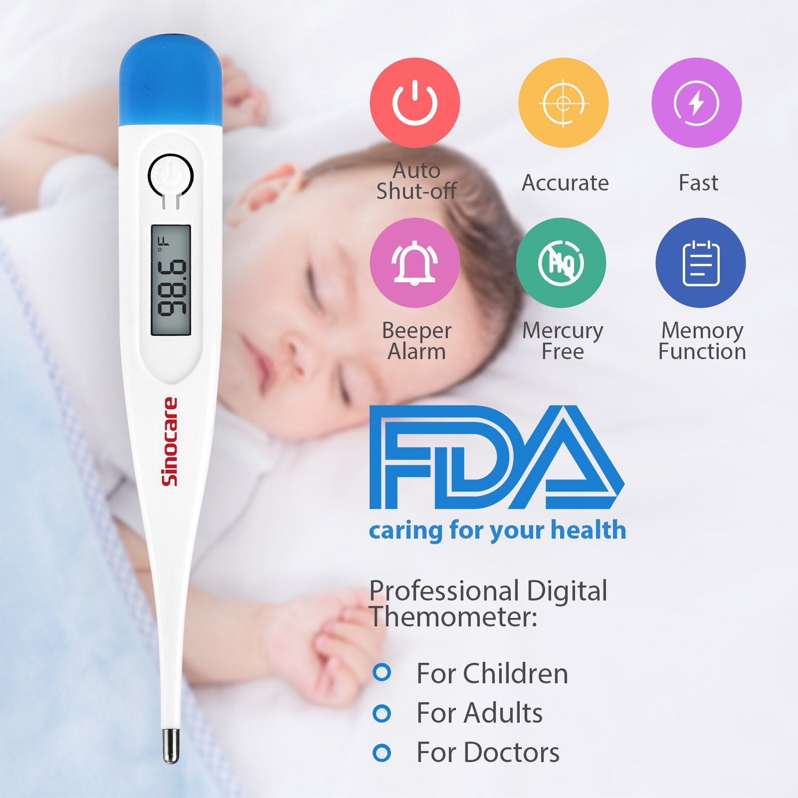 Sinocare-Termómetro digital para el hogar, medidor de temperatura corporal basal, oral, axila o rectal, con pantalla LCD electrónica
