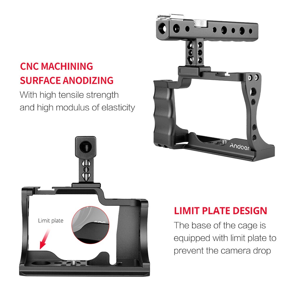 Andoer Camera Cage + Top Handle Kit Aluminum Alloy with Cold Shoe Mount Compatible with Canon EOS M50 DSLR Camera