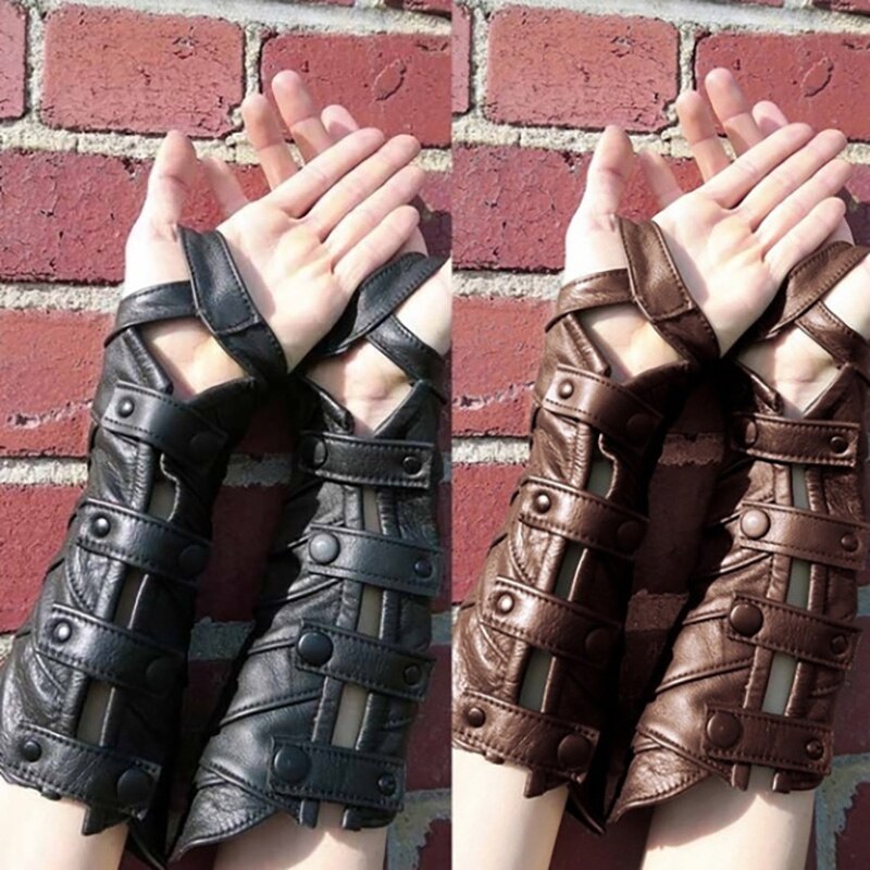 Steampunk gotyk skórzana skala Karwasz bez palców długie rękawiczki mankiety rękawica średniowieczny pancerz rękawica łucznik kostium dla mężczyzn kobiety