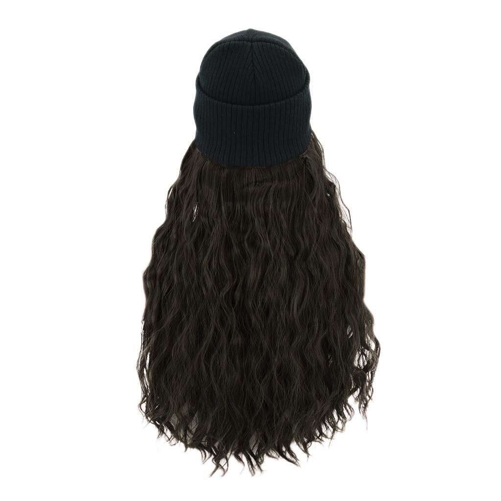 Synthetische Lang Krullend Knit Skiën Winter Hoeden Met Haar Pruik Beanie Bevestigd Hoed Pruik Voor Meisje Hangen Natuurlijke Katoen gemaakt #128: Black