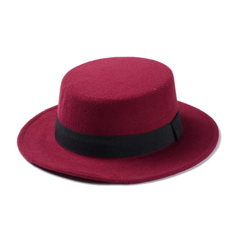 Brand Wool Boater Flat Top Hat For Women's Felt Wide Brim Fedora Hat Laday Prok Pie Chapeu de Feltro Bowler Gambler Top Hat: Wine red
