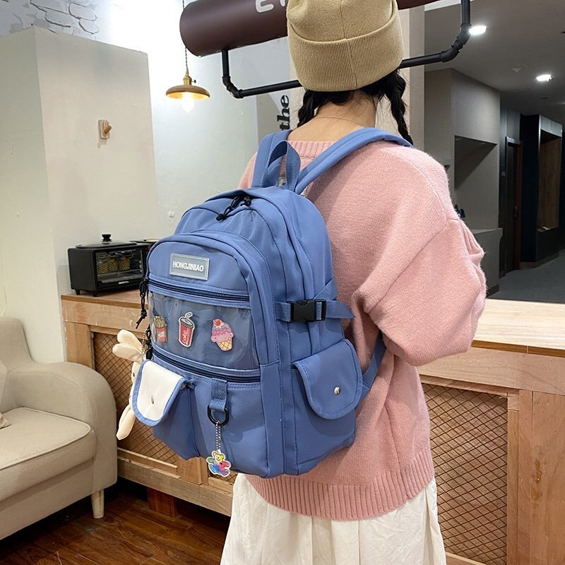 Mochila Coreana de gran capacidad para mujer, bolso escolar de bolsillo transparente para adolescentes, bolso de viaje de estilo Preppy a la
