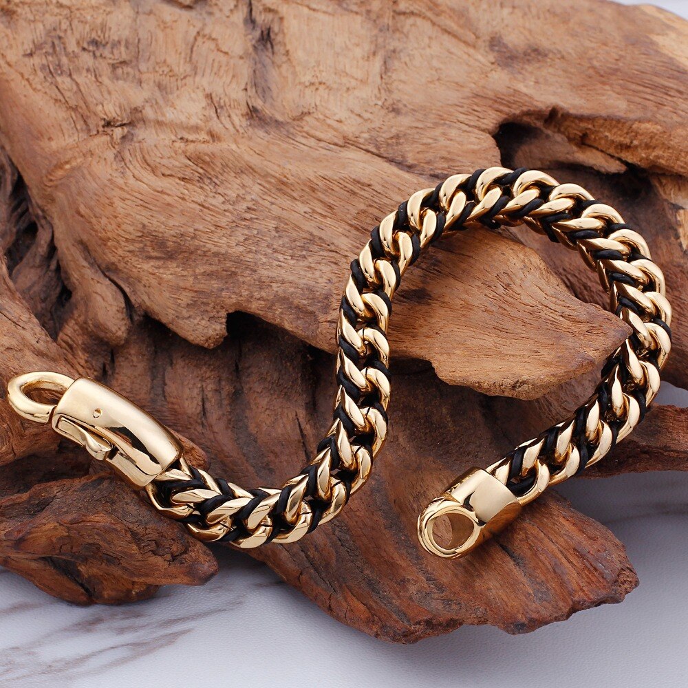 8MM Braided Leather Wrap Bracelet Men Golden Gold Plated Stainless Steel Men&#39;s Bracelets For Men Indian Jewelry Birthday