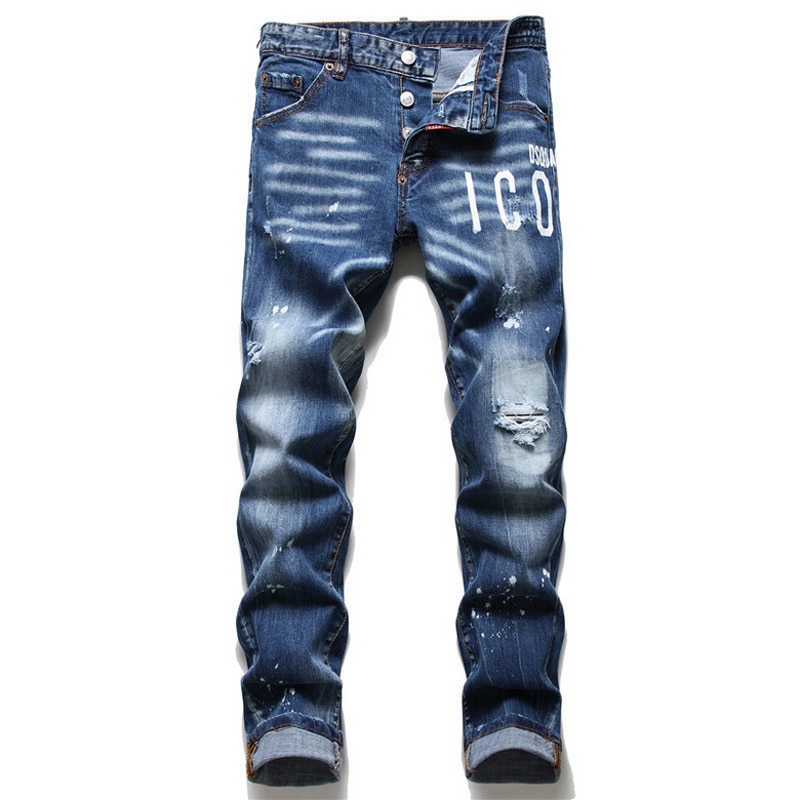 Ikon blå merke maling revet skrog vill personlighet jeans menn & #39 ;s nedre denim bukser lomme glidelås merking uformell Port