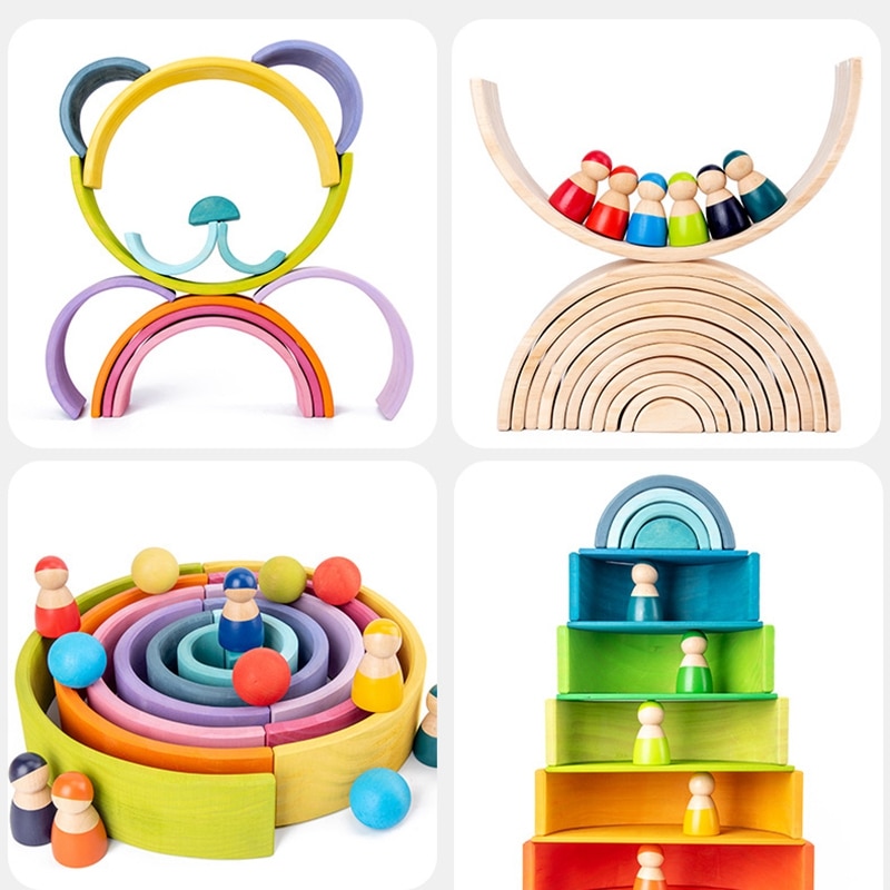 Giocattoli del bambino Arcobaleno Stacker Giocattoli di Legno Per I Bambini Che Imparano Building Blocks Creativo Montessori Educativo Variopinto Giocattolo