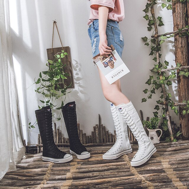 2021 nye forår efterår kvinder sko canvas afslappet høj top sko lange støvler snøre lynlås komfortable flade støvler sneakers