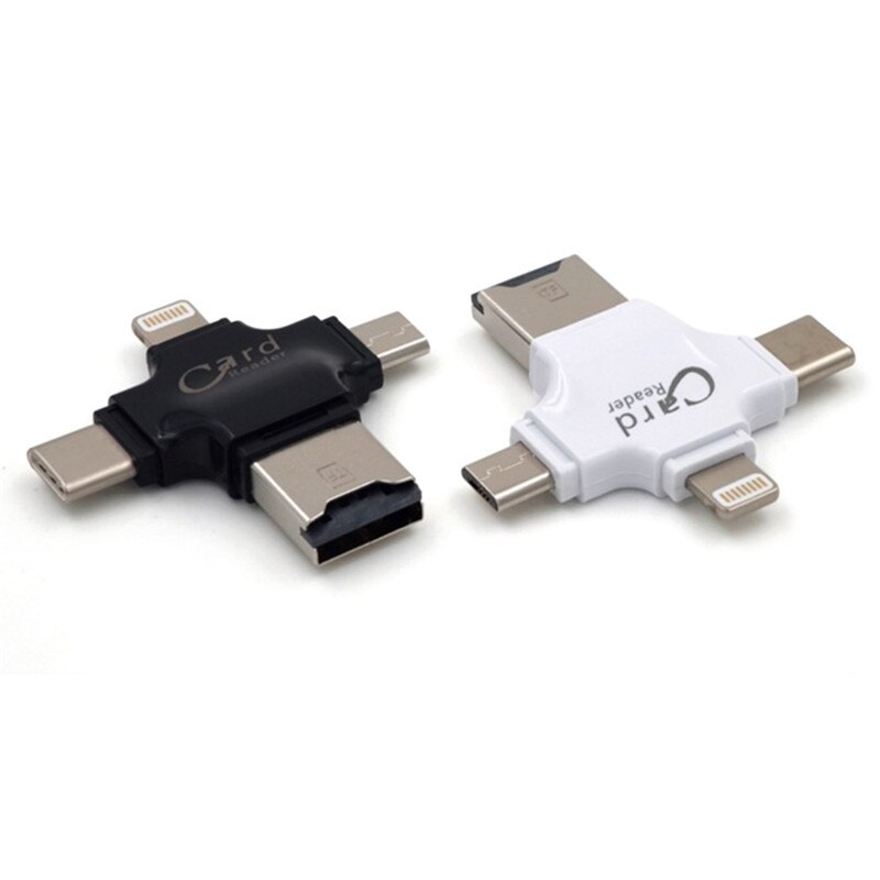 Leitor de cartão de memória 4 em 1, usb tipo c/lightning/micro usb 2.0 otg micro sd sdxc sdhc tf para ios/iphone android