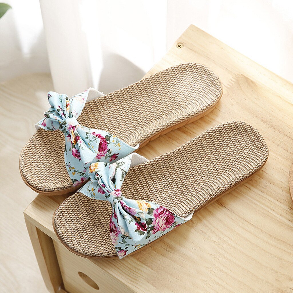 38 # Vrouwen Vlas Slippers Zomer Casual Slides Strand Schoenen Dames Indoor Linnen Slippers Bohemen Bloemen Boog Slippers Sandalen