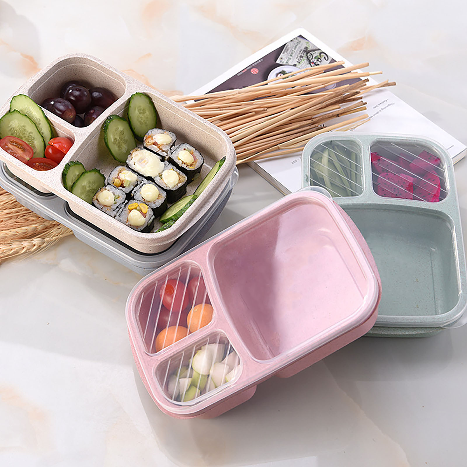 Bento scatola riutilizzabile Conservazione dei pasti Preparazione degli alimenti pranzo scatola Contenitori per alimenti divisi a 3 scomparti Lunchbox domestico