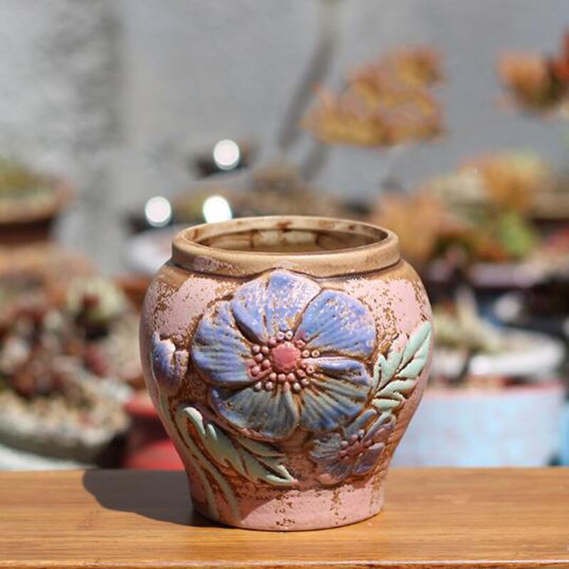 Keramisk blomsterpotte håndmalet saftig plantepotte groft keramik blomstermønster vase haven bonsai potter: 1