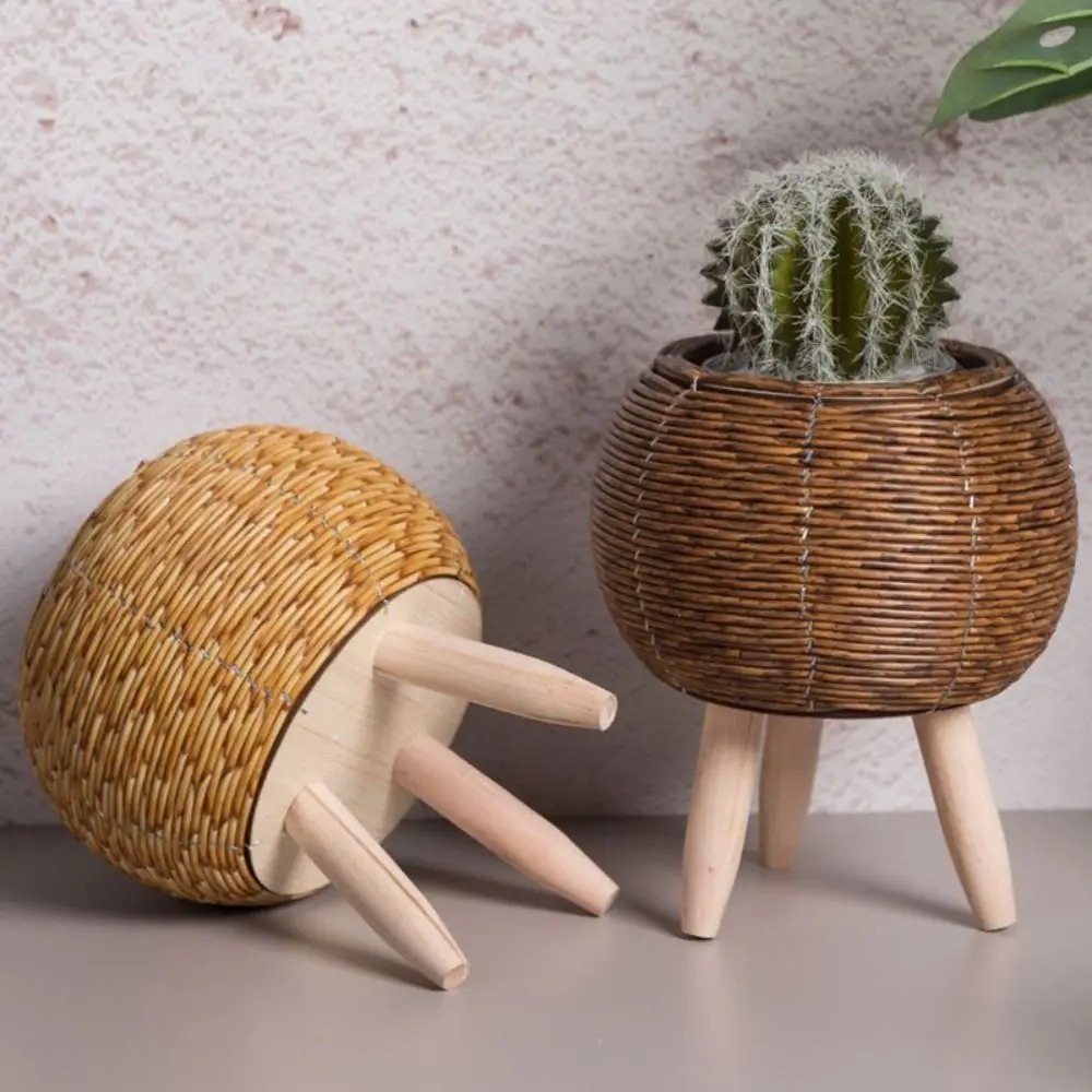 Maceta hecha a mano, florero decorativo para plantas, macetas de ratán para interiores, adornos de escritorio, macetas y jardineras de jardín