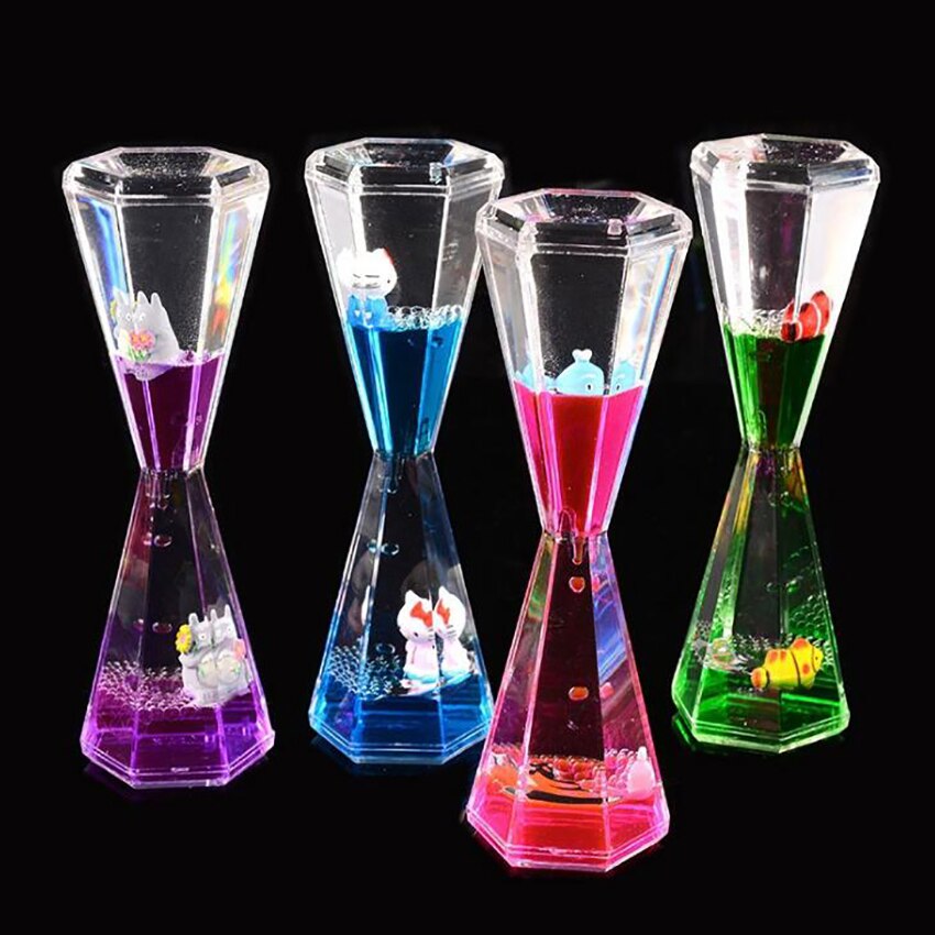 Hexagon Liquid Motion Bubbler for Kids & Adults Acrylic Hourglass Liquid Bubbler/Timer with Cartoon Ornament for Sensory Play
