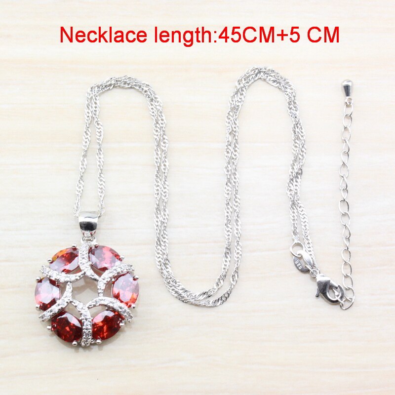 Bedel rode granaat bruids zilverkleur dames kostuum sieraden sets oorbellen ketting ring maat 6/7/8/9/10