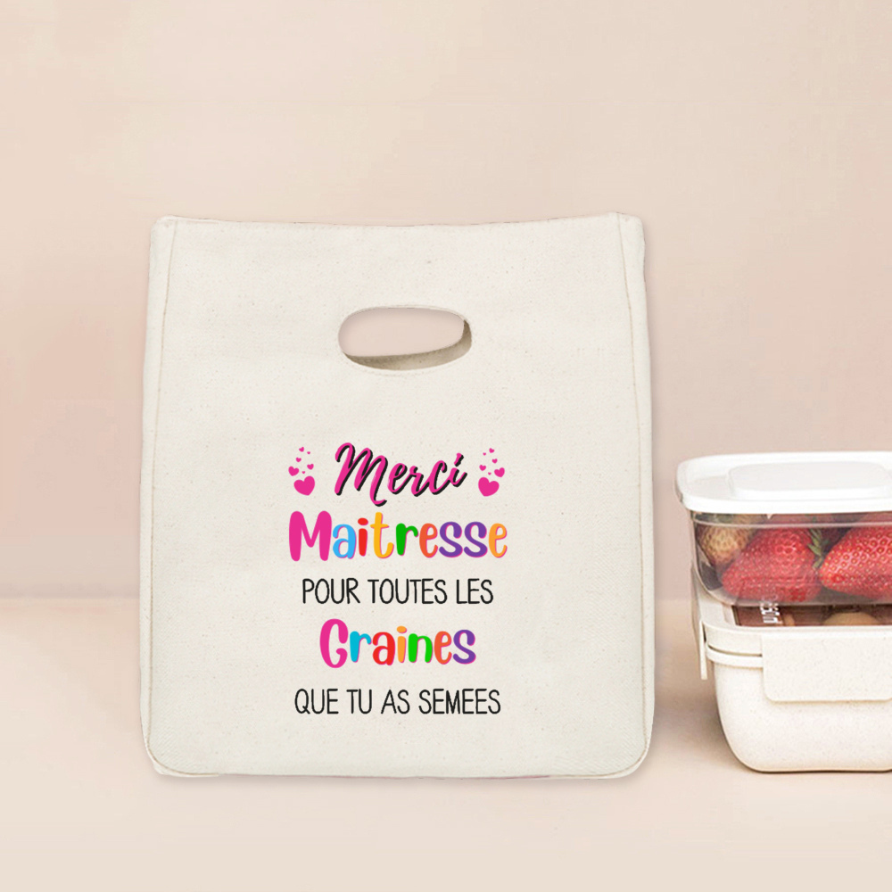 Merci Maitresse Print Lunch Bag Przenośna izolowana płócienna torba termiczna Bento Tote Thermal School Torby do przechowywania żywności Prezent dla nauczyciela: Kości słoniowej