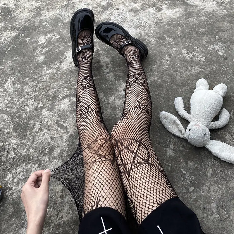 Lolita Ragazze Carino Pentacolo Stampa Collant Donne Sexy Gotico Punk Magico Stella a Cinque Punte Maglia Pesce Net Collant Calze per il Corpo: Black