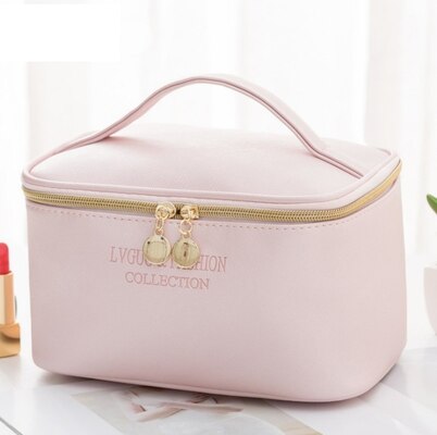 Neceser grande de piel sintética para mujer, bolsa de maquillaje impermeable con cremallera, neceser de viaje, organizador de maquillaje, estuche de belleza, 1 ud.: L-Pink