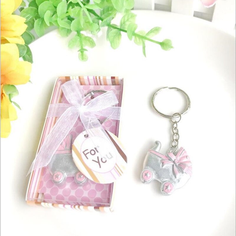 10 stk/parti pink/blå barnevogn nøgleringe fødselsdåb nøglering favor baby shower favoriserer souvenir: Lyserød