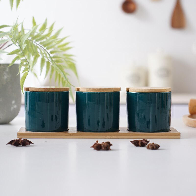 Keramische Specerij Opslag Jar Creatieve Keramische Keuken Kruiden Tank Set Olijfolie Fles Suiker Zout Shaker Kruidkruik: green kq