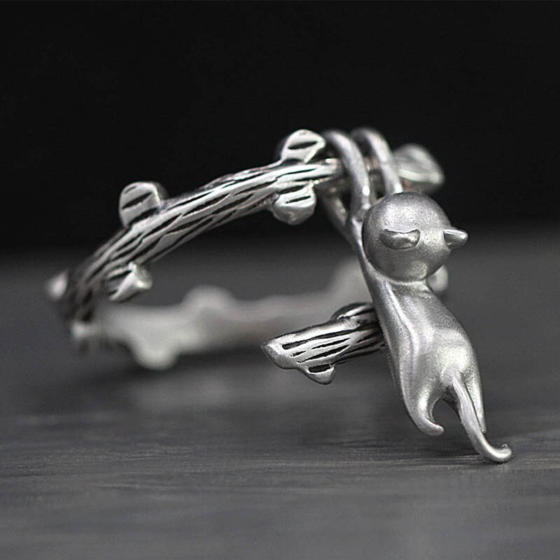 Joiashome thaise zilveren ring met 925 verstelbare sieraden voor vrouwen, kat, klimtak, schattig kitten, onderdeel sieraden
