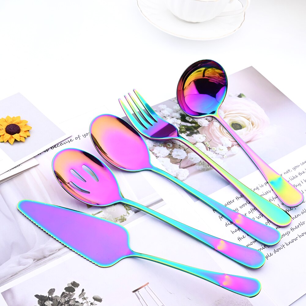 5Pcs Rainbow Stainless Steel Cutlery Serving Utensils Dinnerware Set Buffet Catering Serving Colander Spoons Fork Silverware Set