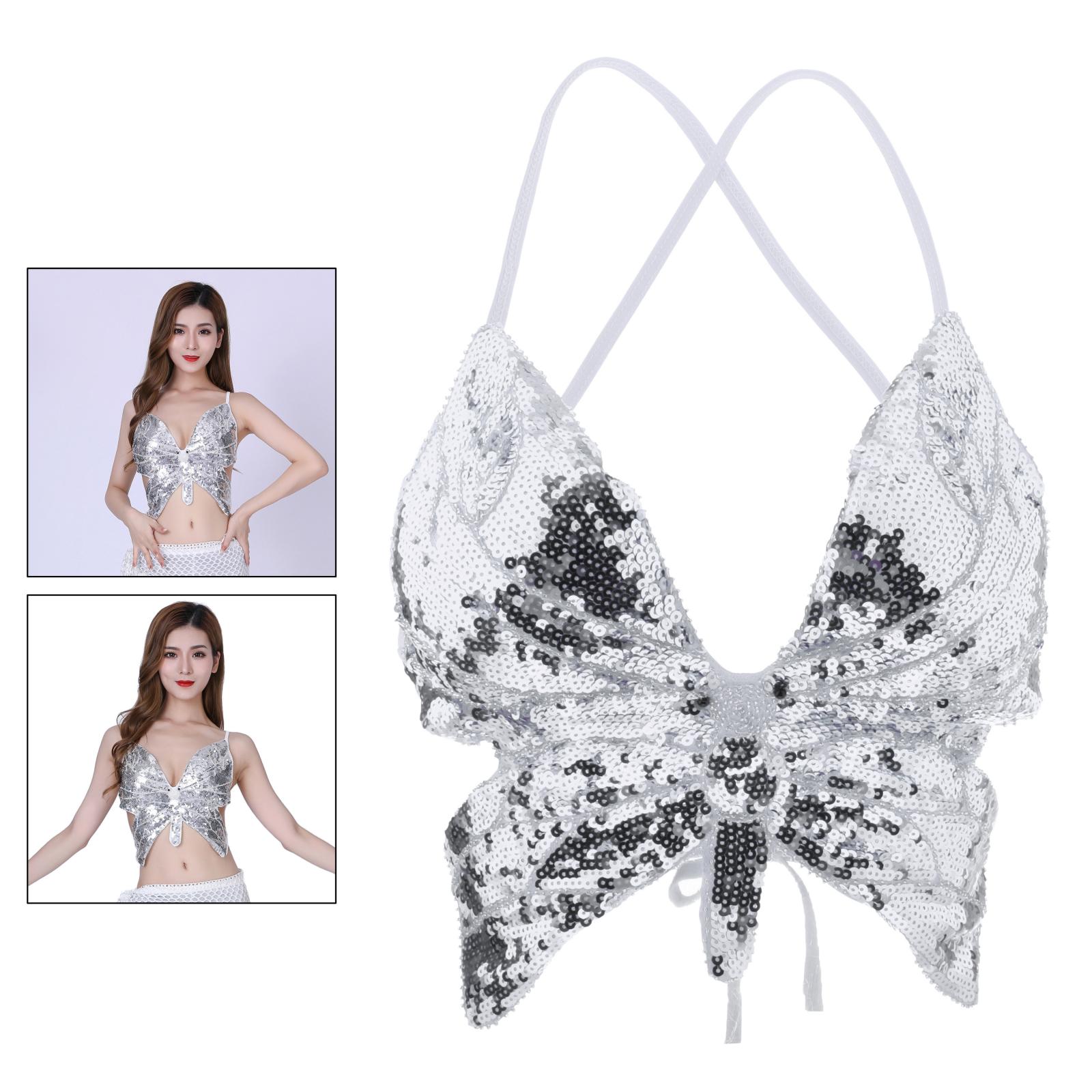 Femmes paillettes danse du ventre soutien-gorge Sequin papillon licou haut court Latin Costume: Silver