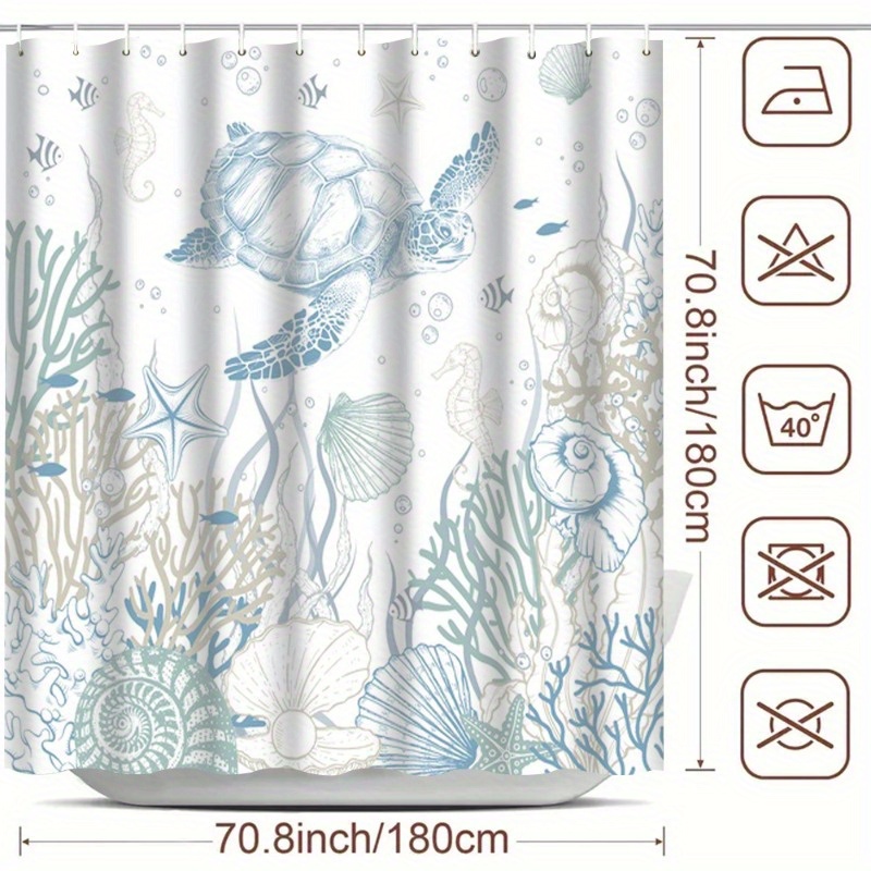 1 cortina de ducha de tortuga de verano, decoración de baño del mundo submarino con tema costero, poliéster, con patrón de tortuga y coral