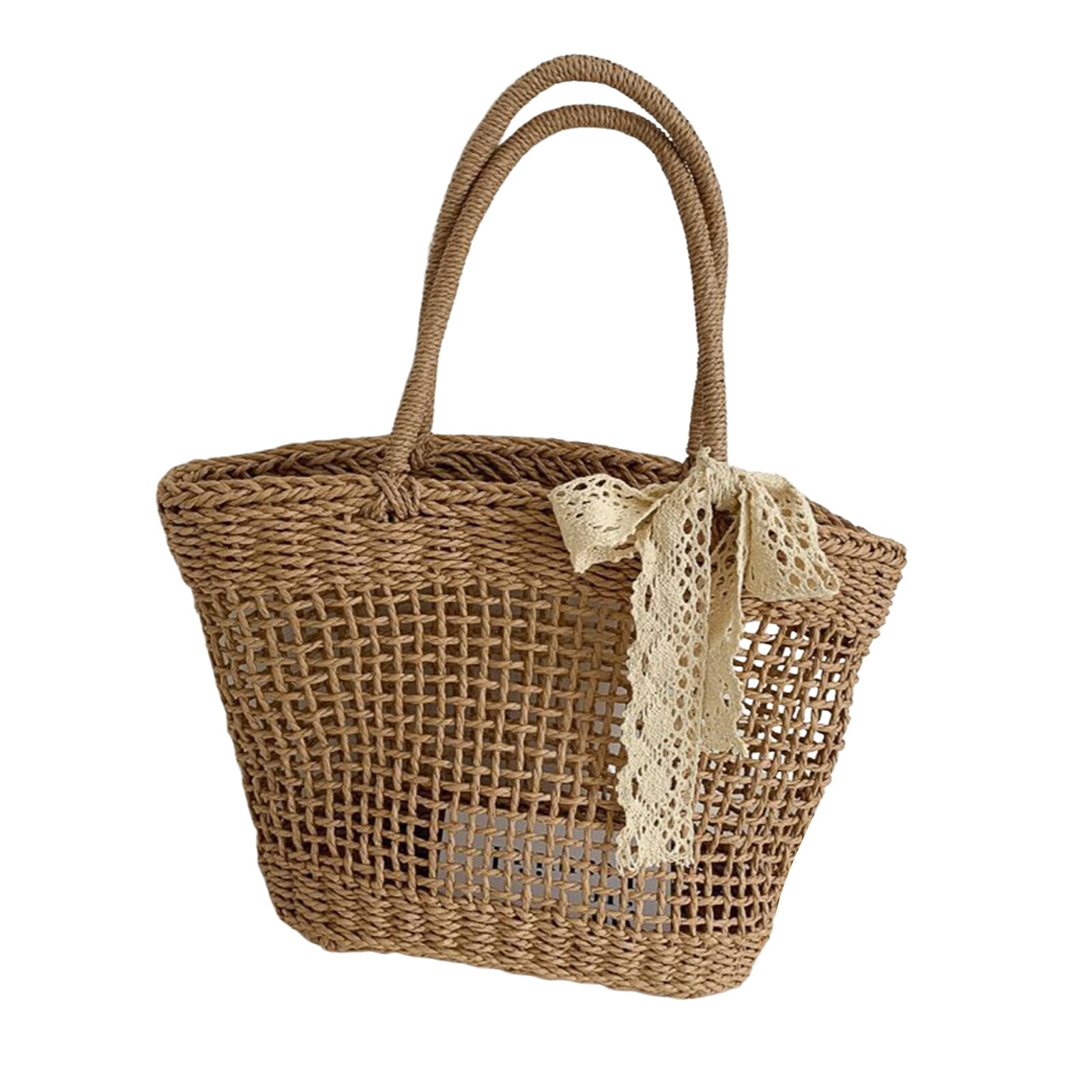 Bolsa de vime feita à mão, de palha, rattan, feminina, verão, vazada, bolsa de ombro cruzada, com laço, borlas: F