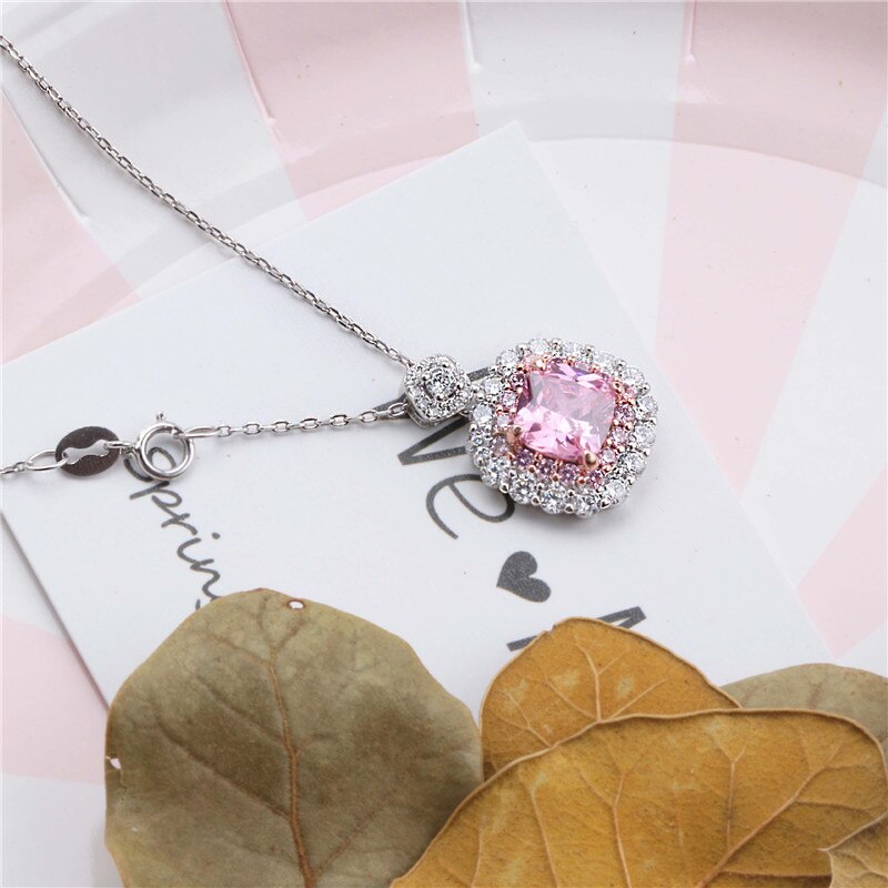 CC Necklaces Pendants For Women 925 Silver Cubic Zirconia Pink/Yellow Square Stone Bridal Wedding Pendant No Chain CCN250