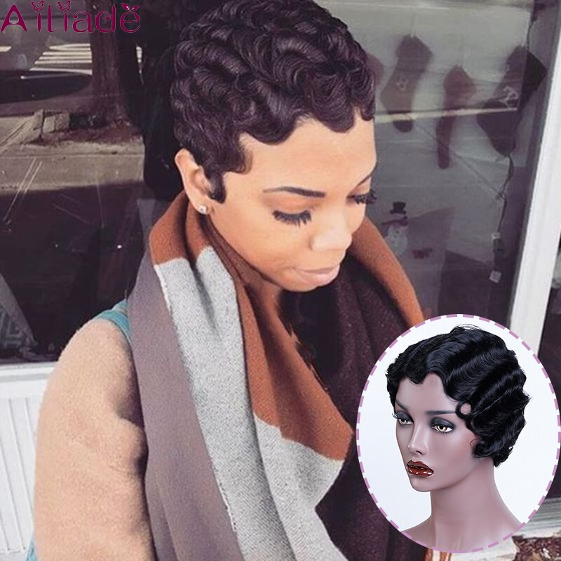 AILIADE cheveux noirs vague courte perruques pour femme court doigt vague perruques court coupe de lutin perruque courte perruques: 1B/30HL