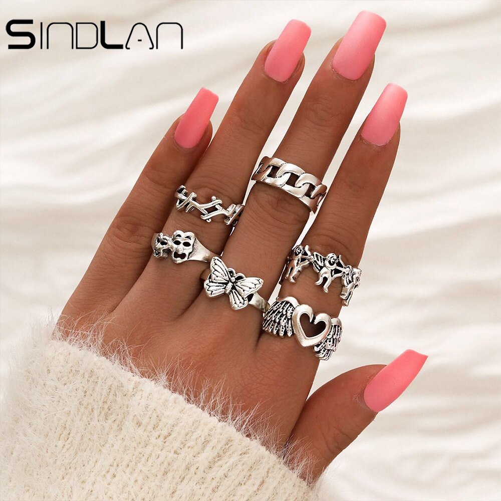 Sindlan 6Pcs Gothic Zilver Kleur Grimas Vinger Ring Set Voor Vrouwen Charm Punk Hart Wing Butterfly Cupido Vrouwelijke Sieraden anillos: J0361