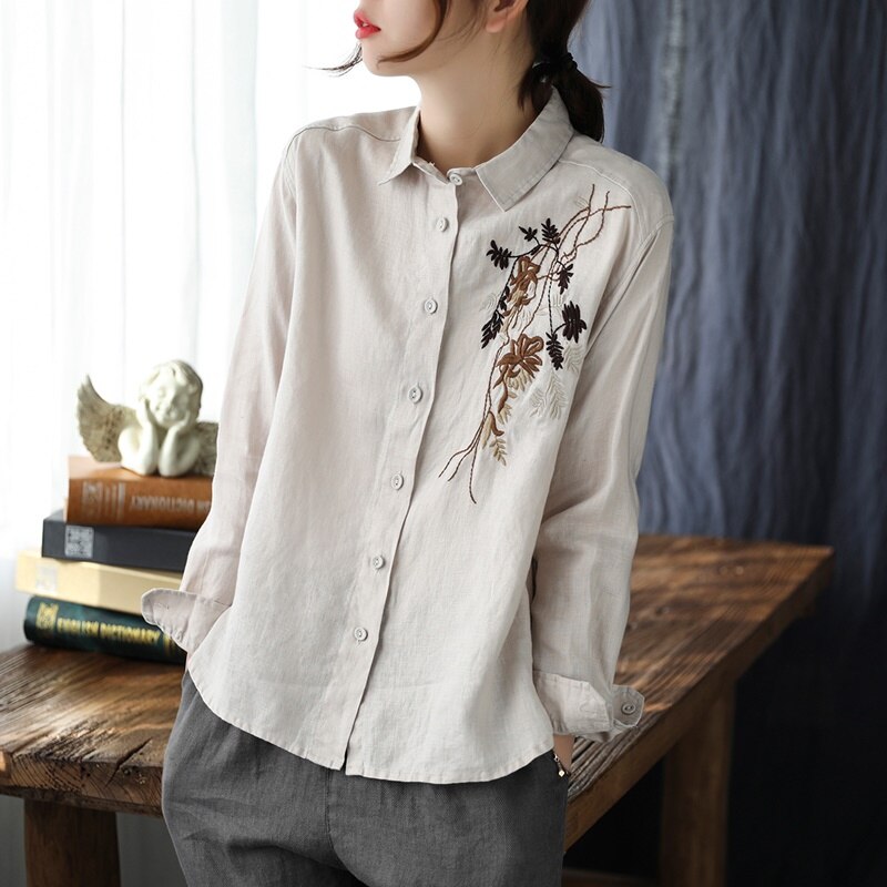 Ropa de estilo chino para mujer, blusa con bordado Floral, camisa de manga larga Lisa Vintage para mujer, Blusas de algodón, Túnica KK4413: 3 / L