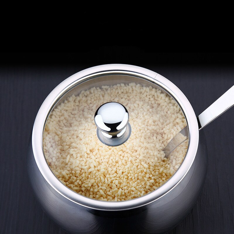 Kitchen Stainless Steel Sugar Bowl With Lid And Spoon Portable Sugar Box Container Cooking Seasoning Jar Storage Bottle WY72009